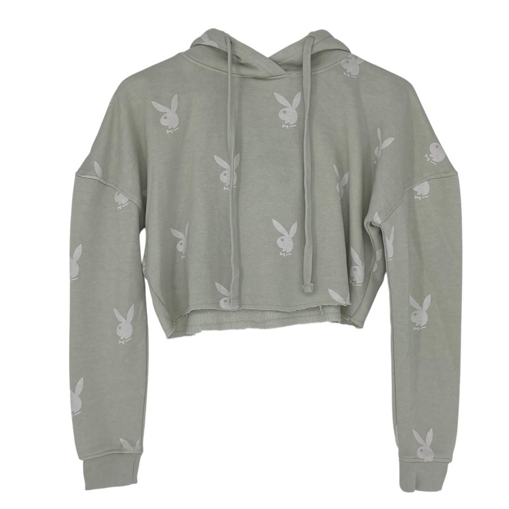 Missguided x Playboy Bunny Logo Cropped LS Hoodie - light green with white logo